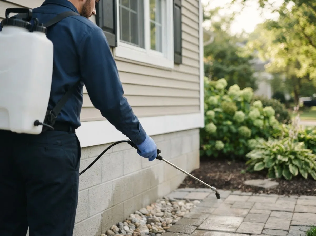 Pest control technician inspecting a home in Rudolph, WI